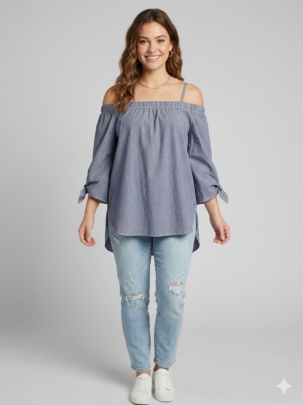 NWT Seven Sisters Blue White Striped Off-Shoulder Blouse S